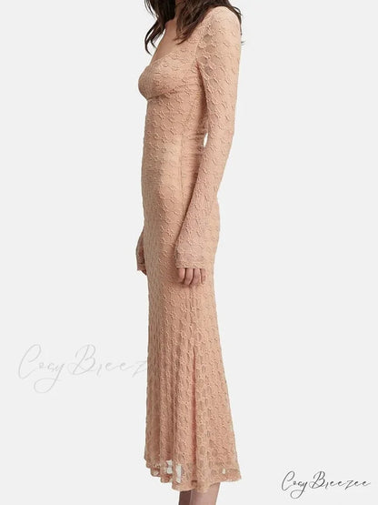 Elegant Women Spring Autumn Party See Through Sleeve Square Neck Lace Floral Slim Fit Vestidos
