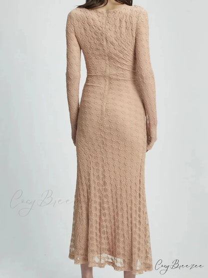 Elegant Women Spring Autumn Party See Through Sleeve Square Neck Lace Floral Slim Fit Vestidos