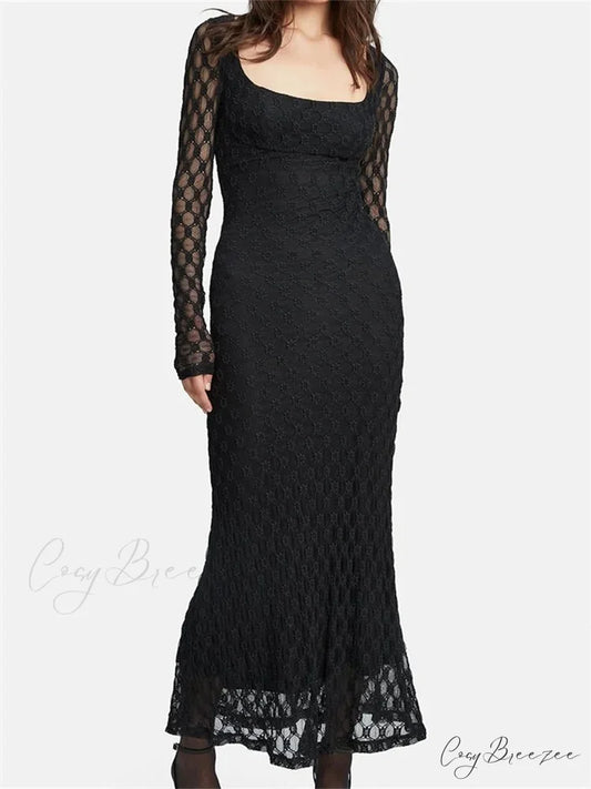 Elegant Women Spring Autumn Party See Through Sleeve Square Neck Lace Floral Slim Fit Vestidos BLACK / S