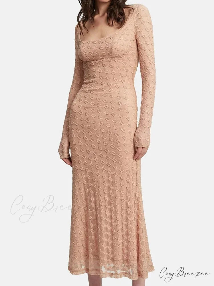 Elegant Women Spring Autumn Party See Through Sleeve Square Neck Lace Floral Slim Fit Vestidos PINK / S