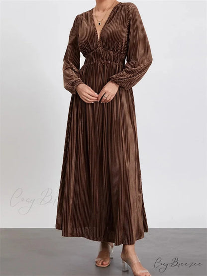Elegant Women Spring Fall Velvet Sleeve Deep V Neck Solid Color A-Line Vintage Female Vestidos