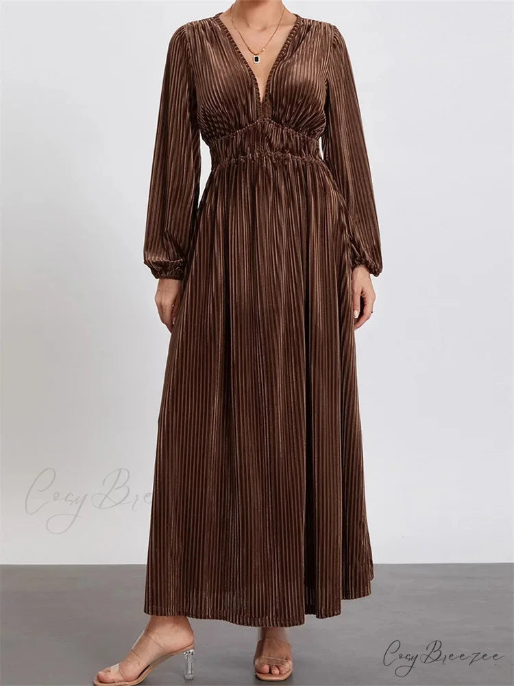 Elegant Women Spring Fall Velvet Sleeve Deep V Neck Solid Color A-Line Vintage Female Vestidos BROWN / S
