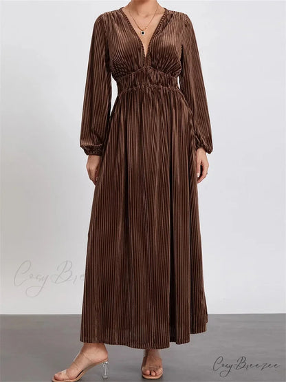 Elegant Women Spring Fall Velvet Sleeve Deep V Neck Solid Color A-Line Vintage Female Vestidos BROWN / S