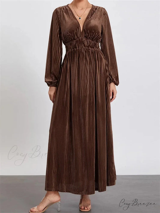 Elegant Women Spring Fall Velvet Sleeve Deep V Neck Solid Color A-Line Vintage Female Vestidos BROWN / S