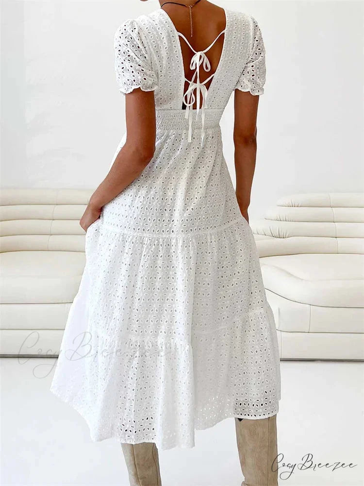 Elegant Women Summer Short Sleeve A-Line Solid V-neck Lace Floral Backless Tie-up Party Vestido