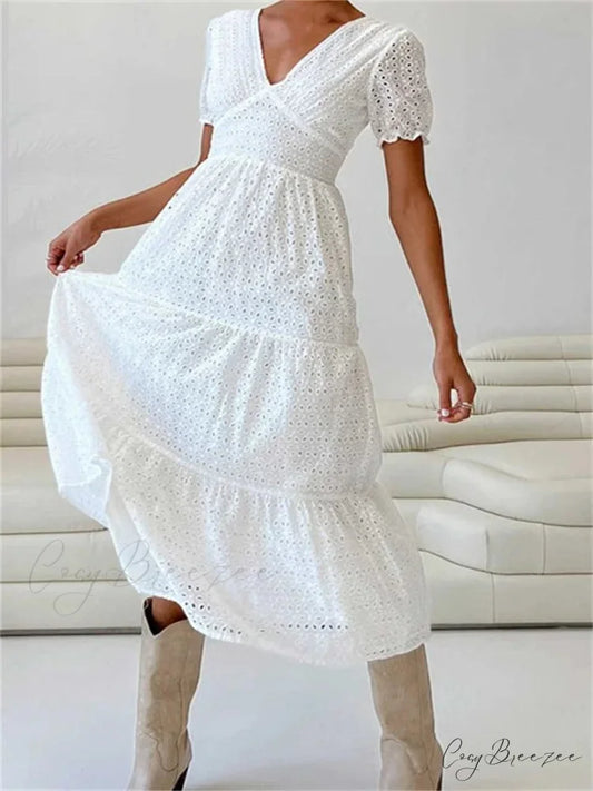 Elegant Women Summer Short Sleeve A-Line Solid V-neck Lace Floral Backless Tie-up Party Vestido WHITE / S