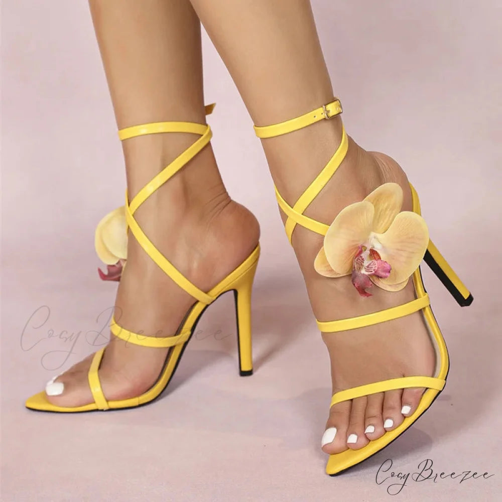 Elegant Women Wedding Banquet Pink Flowers Designer Sandals Open Toe High Heels Yellow / 36