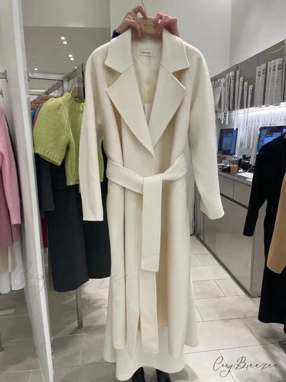 Elegant Woolen Belted Long Coat Apricot / S overcoats-241228