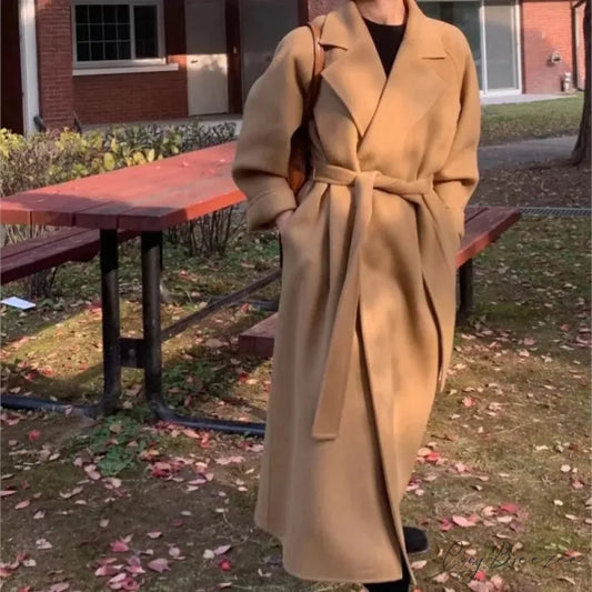 Elegant Woolen Belted Long Coat Camel / S overcoats-241228