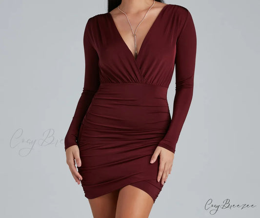 Elevated Basic Stylish Ruched Mini Dress RAISIN / XS