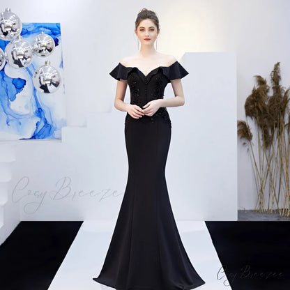 Elizabeth ruffled-strap Stylish embroidered fishtail dress BLACK / XS