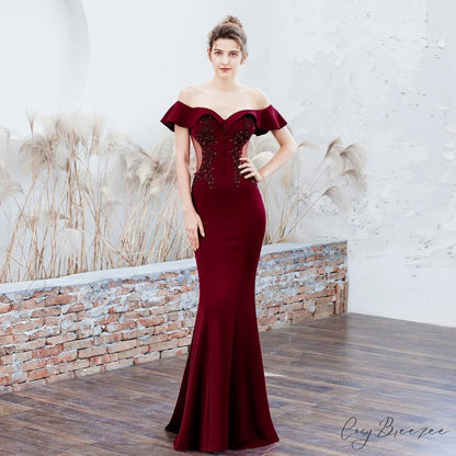Elizabeth ruffled-strap Stylish embroidered fishtail dress BURGUNDY / XS