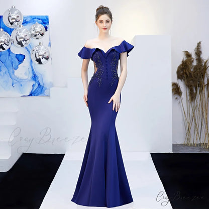 Elizabeth ruffled-strap Stylish embroidered fishtail dress NAVY / XS