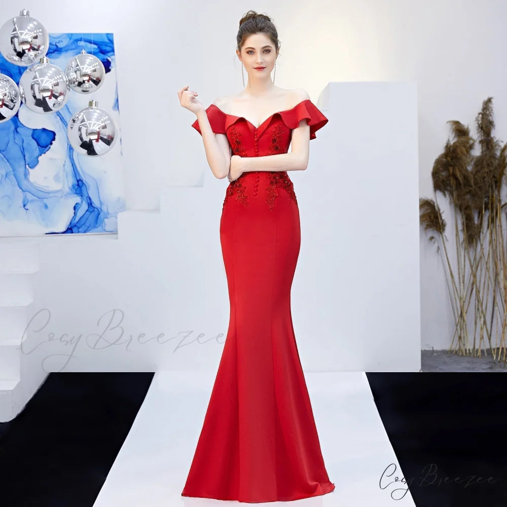Elizabeth ruffled-strap Stylish embroidered fishtail dress RED / XS