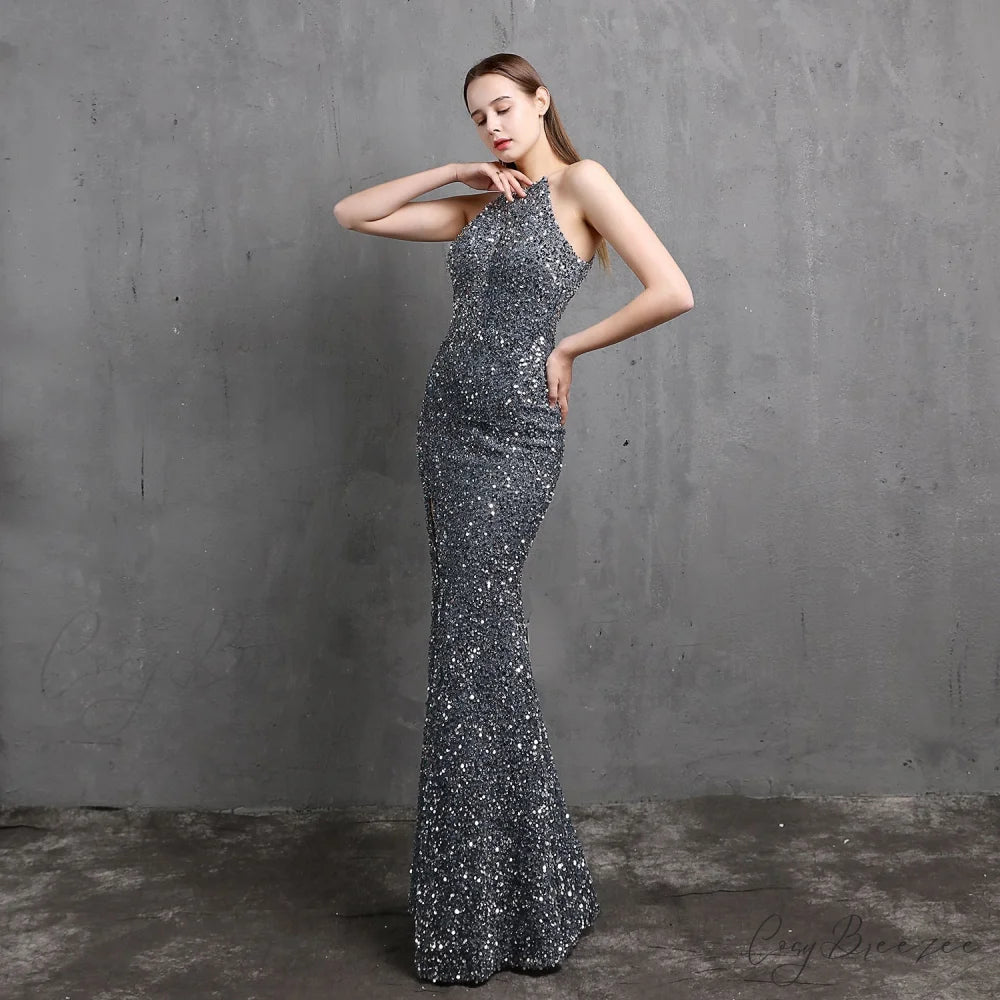 Ella halterneck Stylish sequined formal dress GREY / XS