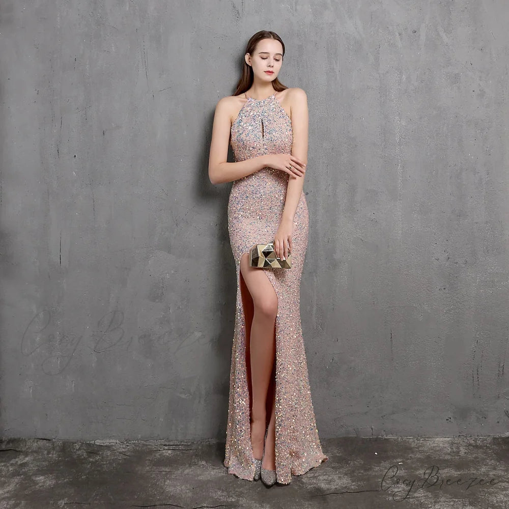 Ella halterneck Stylish sequined formal dress PINK / XS