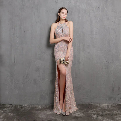 Ella halterneck Stylish sequined formal dress PINK / XS