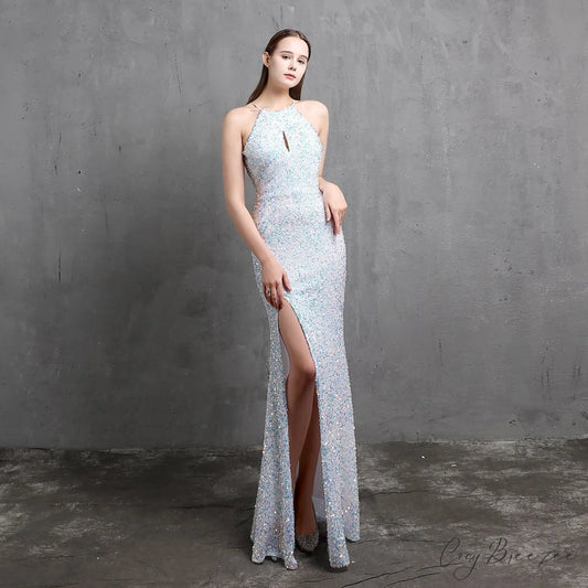 Ella halterneck Stylish sequined formal dress WHITE / XS