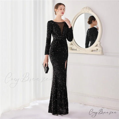Ella sequined large Charming split mermaid dress BLACK / XS