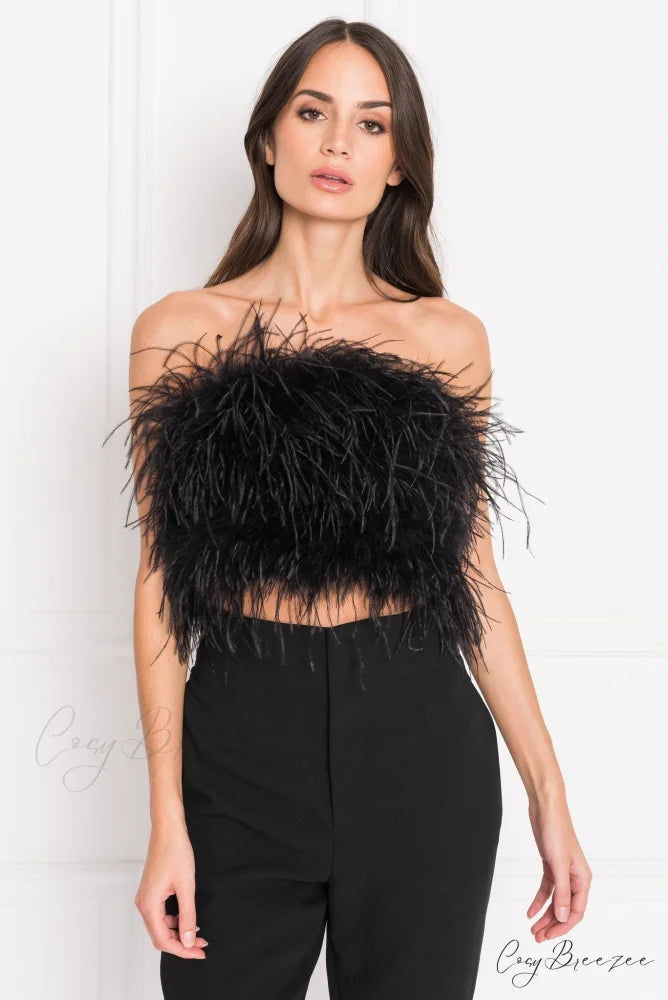 ELOWEN Elegant FEATHER TOP Black / XS