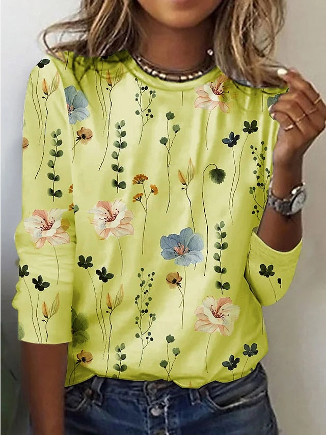 Tee Regular Long Flowered Round Weekend Design Women's Arm Yellow White shirt Pink T Neck Painting