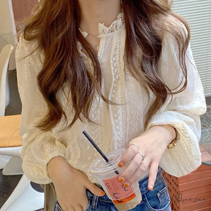 Embroidered Beige Puff Sleeve Blouse blouse-250223