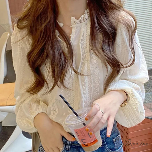 Embroidered Beige Puff Sleeve Blouse blouse-250223