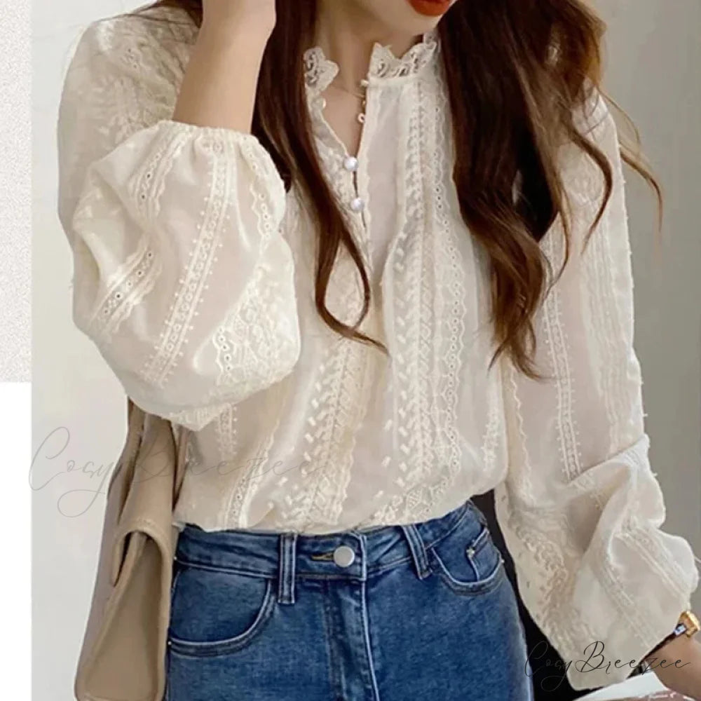 Embroidered Beige Puff Sleeve Blouse blouse-250223
