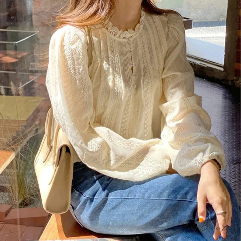 Embroidered Beige Puff Sleeve Blouse blouse-250223