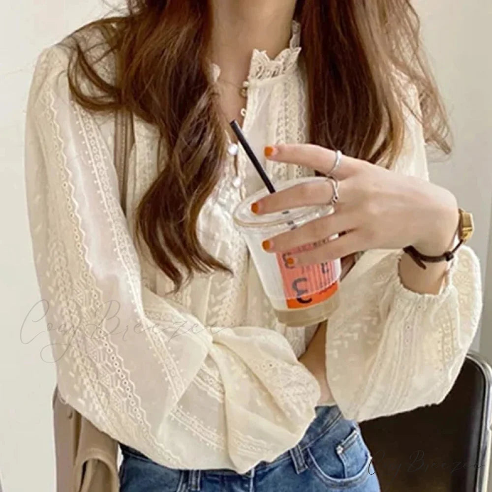 Embroidered Beige Puff Sleeve Blouse blouse-250223