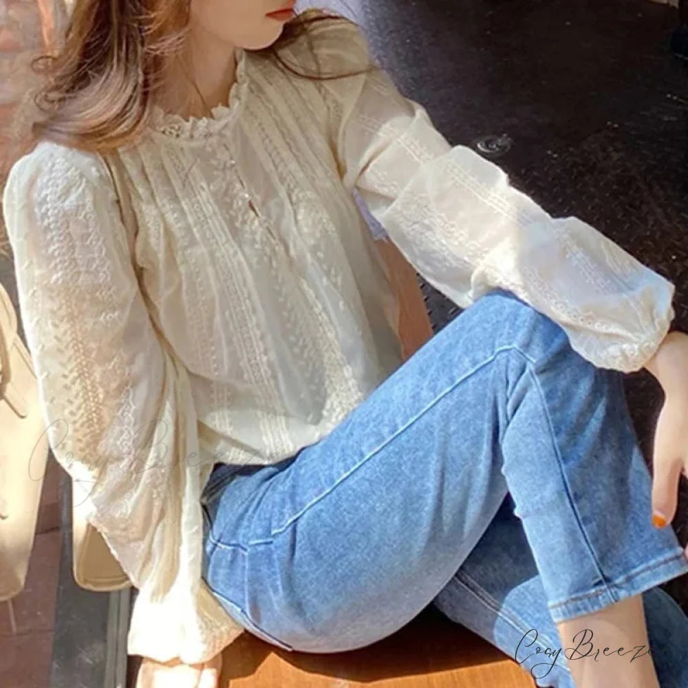 Embroidered Beige Puff Sleeve Blouse blouse-250223