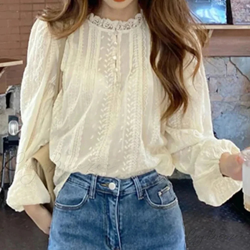 Embroidered Beige Puff Sleeve Blouse APRICOT / S blouse-250223
