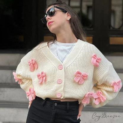 Embroidered Bow V-neck Cardigan cardigans-241228