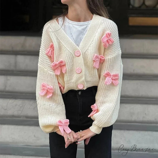 Embroidered Bow V-neck Cardigan White / S cardigans-241228