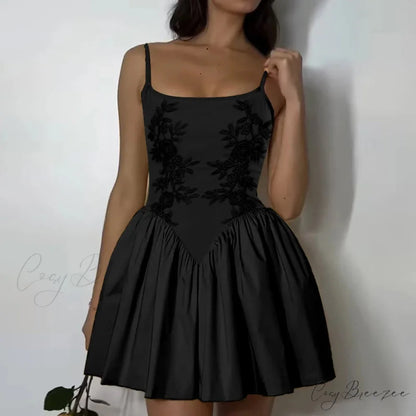 Embroidered Floral High Waist Puffy Dress Black / S floraldress-250126
