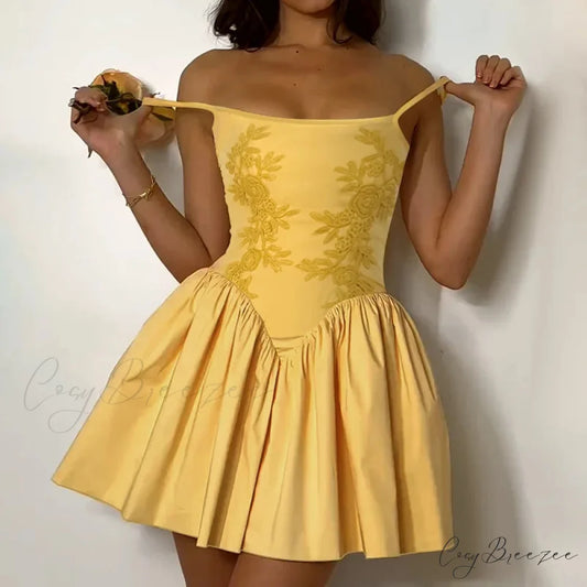 Embroidered Floral High Waist Puffy Dress Yellow / S floraldress-250126