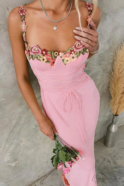 Embroidered Floral Strappy Dress Pink / S