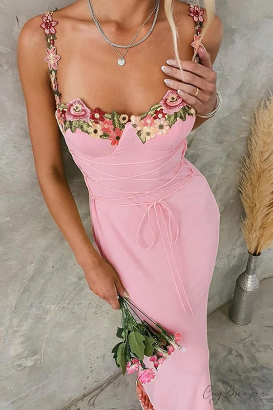 Embroidered Floral Strappy Dress Pink / S