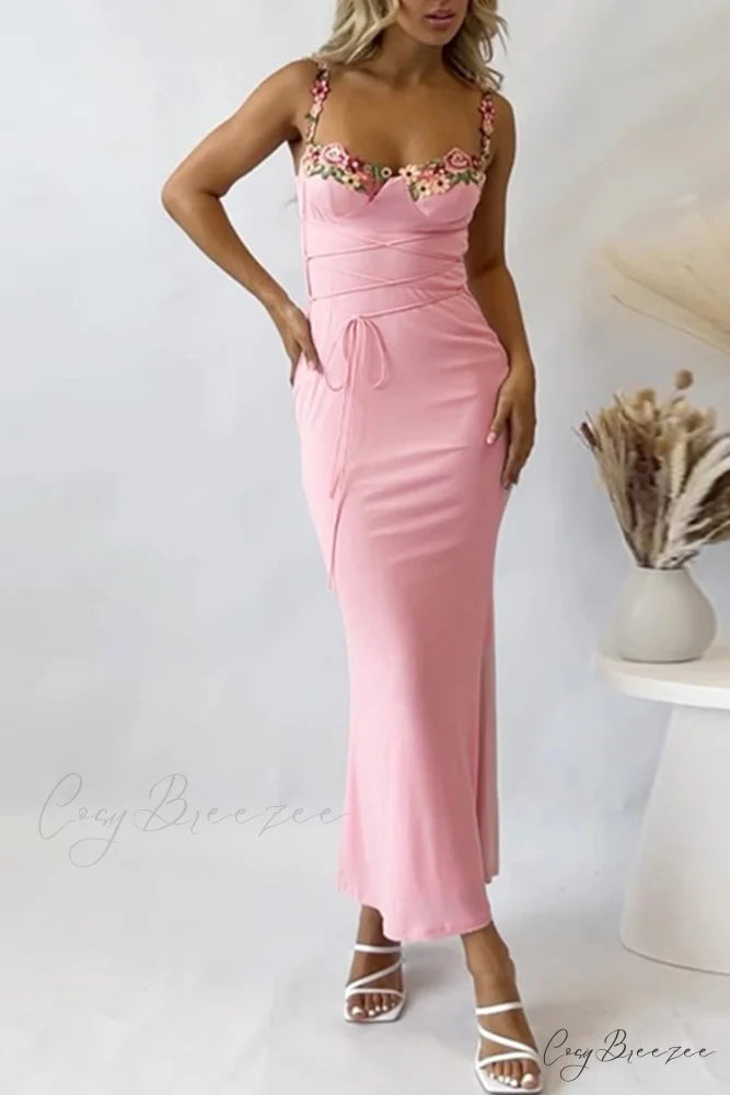 Embroidered Floral Strappy Dress Pink / XL