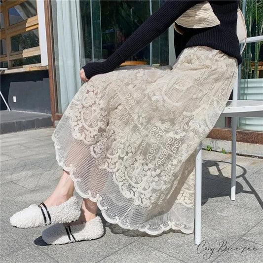 Embroidered Flower Lace High Waist Boho Skirt Beige / One Size skirt-250126