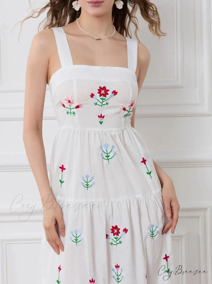 Embroidered Flower Ruched Tiered Slip Dress floraldress-250126