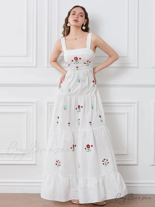 Embroidered Flower Ruched Tiered Slip Dress floraldress-250126