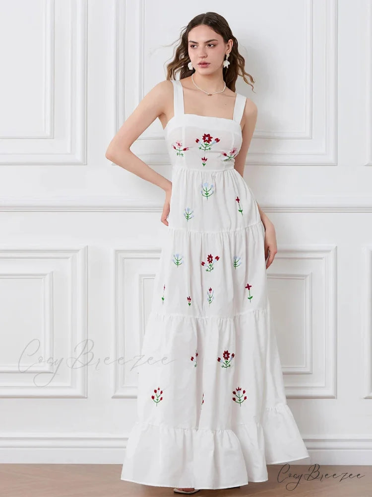 Embroidered Flower Ruched Tiered Slip Dress floraldress-250126