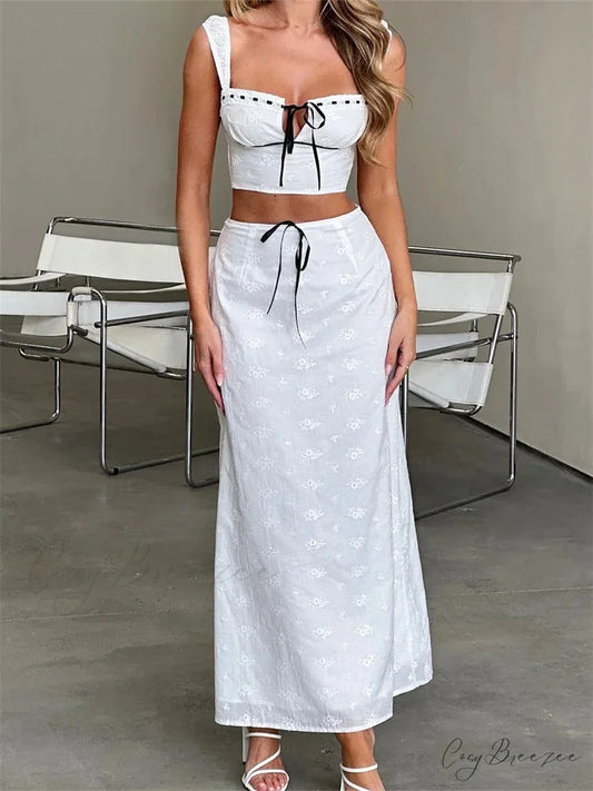 Embroidered Flower Sleeveless Crop Top High Waist Long Skirt Beige / S skirt-250126