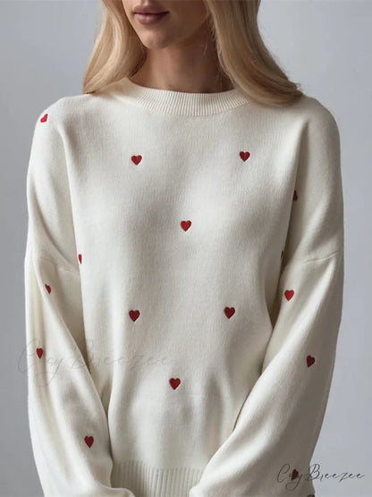Embroidered Heart Graceful Oversized Knit Sweater