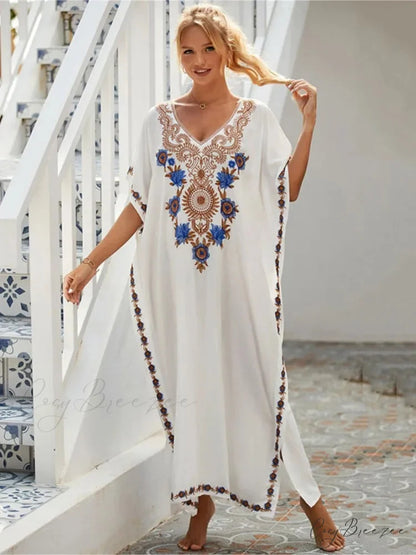 Embroidered Kaftan Beach Vacation Floral Dress oldfloraldress-250126