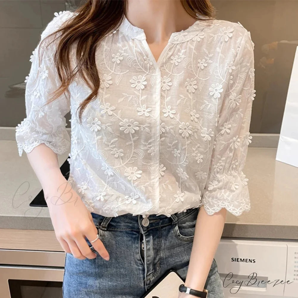 Embroidered Lace Summer Cotton White Crop Top blouse-250126