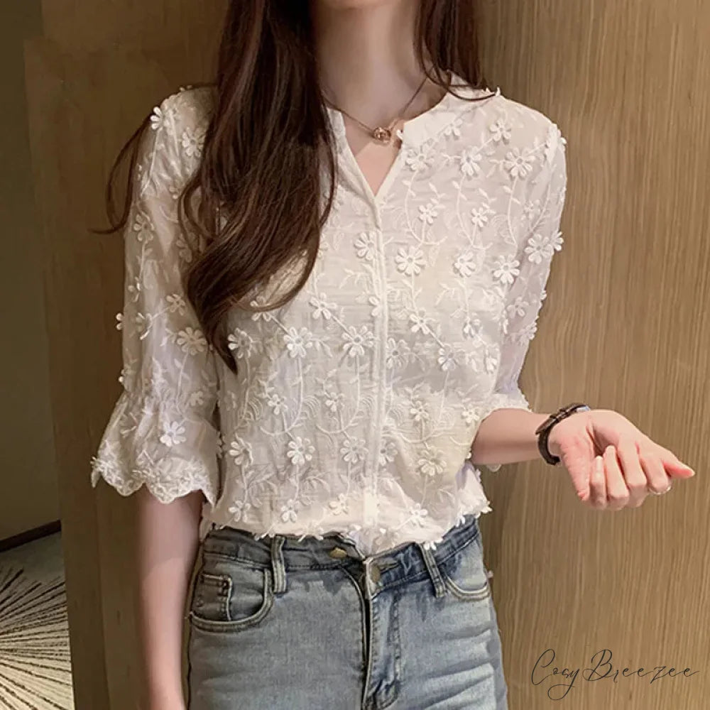 Embroidered Lace Summer Cotton White Crop Top blouse-250126