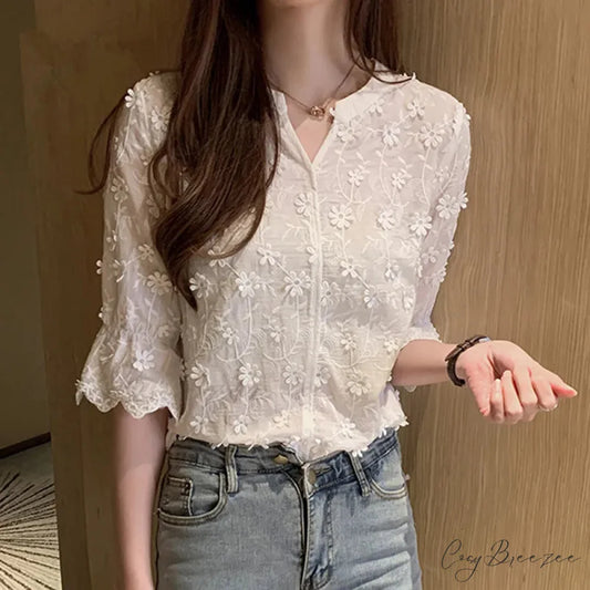 Embroidered Lace Summer Cotton White Crop Top blouse-250126