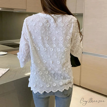 Embroidered Lace Summer Cotton White Crop Top blouse-250126